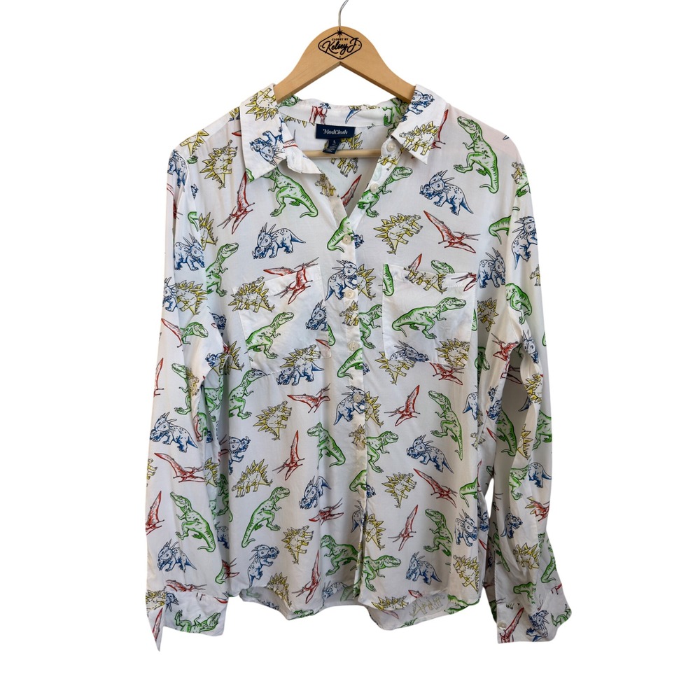 ModCloth Dinosaur T Rex Print Button Up Shirt Size L White Novelty Long Sleeve